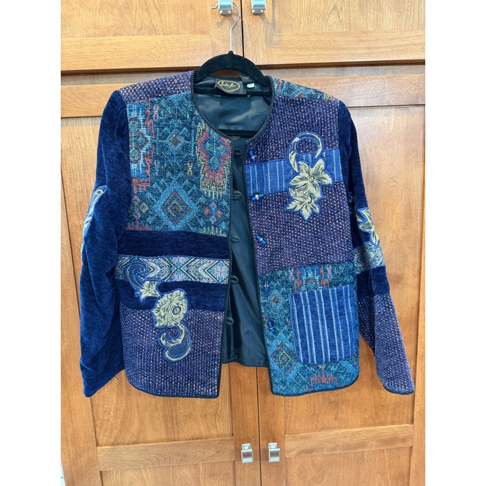 Julia Kim Womens Patchwork Tapestry Jacket Blue Corduroy Chenille Petite Small